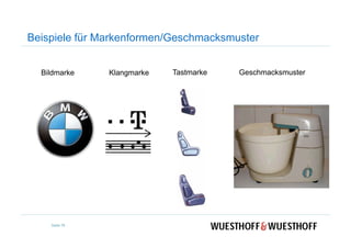 Beispiele für Markenformen/Geschmacksmuster
Tastmarke GeschmacksmusterBildmarke Klangmarke
Seite 76
 