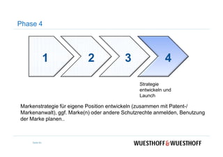 Phase 4
1 2 3 4
Markenstrategie für eigene Position entwickeln (zusammen mit Patent-/
Markenanwalt), ggf. Marke(n) oder andere Schutzrechte anmelden, Benutzung
der Marke planen..
Strategie
entwickeln und
Launch
Seite 84
 