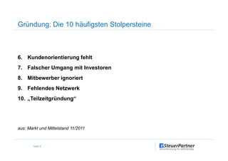 Gründung: Die 10 häufigsten Stolpersteine
6. Kundenorientierung fehlt
7. Falscher Umgang mit Investoren
8. Mitbewerber ignoriert
Seite 9
8. Mitbewerber ignoriert
9. Fehlendes Netzwerk
10. „Teilzeitgründung“
aus: Markt und Mittelstand 11/2011
 