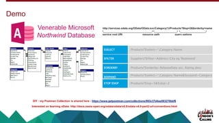 Demo
Venerable Microsoft
Northwind Database
DIY : my Postman Collection is shared here - https://www.getpostman.com/collections/993c37d4aa583270bbf8
Interested on learning oData: http://docs.oasis-open.org/odata/odata/v4.0/odata-v4.0-part2-url-conventions.html
 