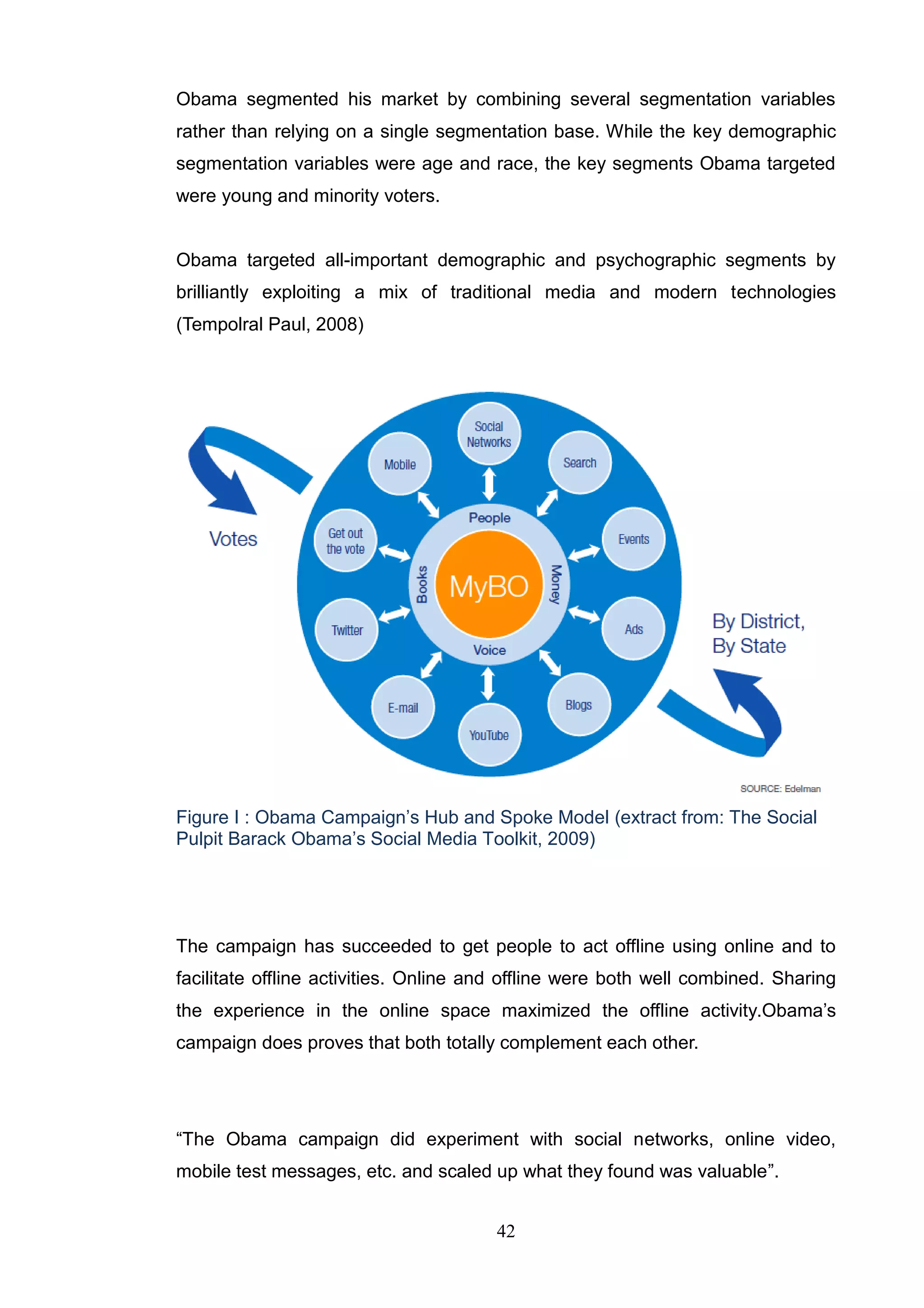 Obama segmented his market by combining several segmentation variables
rather than relying on a single segmentation base. While the key demographic
segmentation variables were age and race, the key segments Obama targeted
were young and minority voters.


Obama targeted all-important demographic and psychographic segments by
brilliantly exploiting a mix of traditional media and modern technologies
(Tempolral Paul, 2008)




Figure I : Obama Campaign‘s Hub and Spoke Model (extract from: The Social
Pulpit Barack Obama‘s Social Media Toolkit, 2009)




The campaign has succeeded to get people to act offline using online and to
facilitate offline activities. Online and offline were both well combined. Sharing
the experience in the online space maximized the offline activity.Obama‘s
campaign does proves that both totally complement each other.




―The Obama campaign did experiment with social networks, online video,
mobile test messages, etc. and scaled up what they found was valuable‖.


                                       42
 