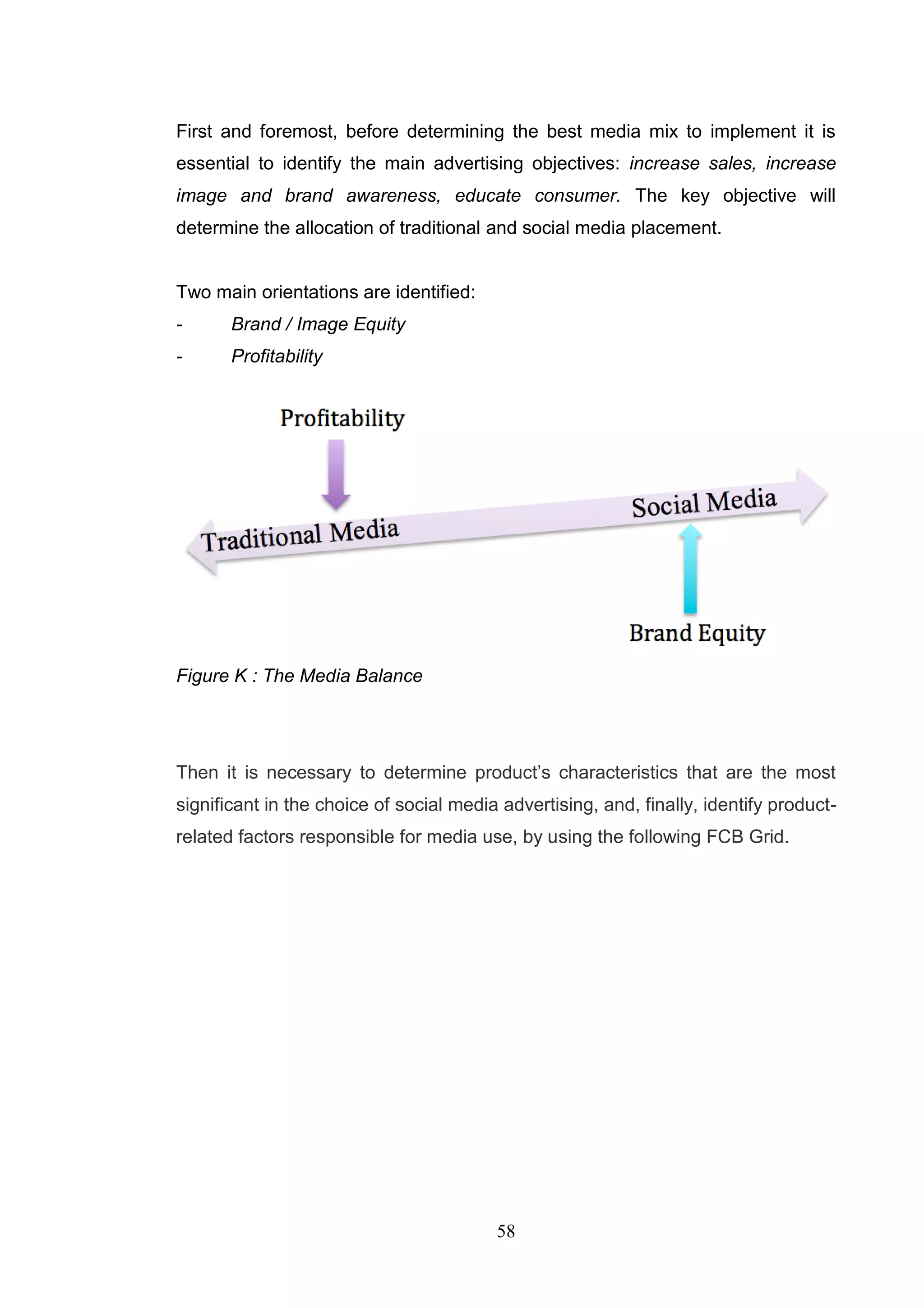 First and foremost, before determining the best media mix to implement it is
essential to identify the main advertising objectives: increase sales, increase
image and brand awareness, educate consumer. The key objective will
determine the allocation of traditional and social media placement.


Two main orientations are identified:
-      Brand / Image Equity
-      Profitability




Figure K : The Media Balance




Then it is necessary to determine product‘s characteristics that are the most
significant in the choice of social media advertising, and, finally, identify product-
related factors responsible for media use, by using the following FCB Grid.




                                         58
 