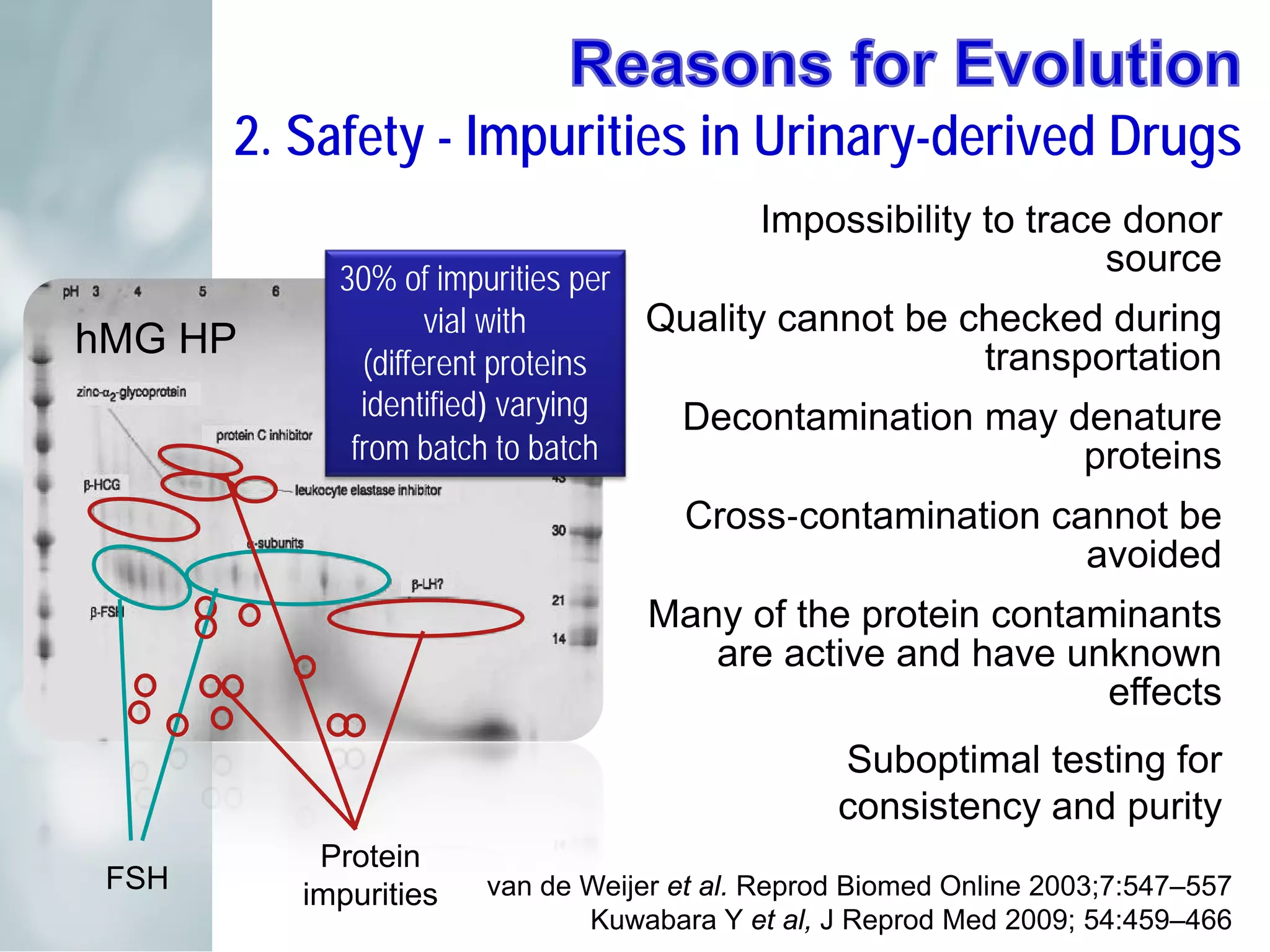From urinary to recombinant

       2. Safety - Impurities in Urinary-derived Drugs
                                           Impossibility to trace donor
            30% of impurities per
                                                                 source
                    vial with     Quality cannot be checked during
hMG HP
              (different proteins                    transportation
              identified) varying  Decontamination may denature
             from batch to batch                           proteins
                                     Cross‐contamination cannot be
                                                           avoided
                                   Many of the protein contaminants
                                      are active and have unknown
                                                             effects
                                                 Suboptimal testing for
                                                 consistency and purity
           Protein
 FSH                   van de Weijer et al. Reprod Biomed Online 2003;7:547–557
          impurities
                              Kuwabara Y et al, J Reprod Med 2009; 54:459–466
 