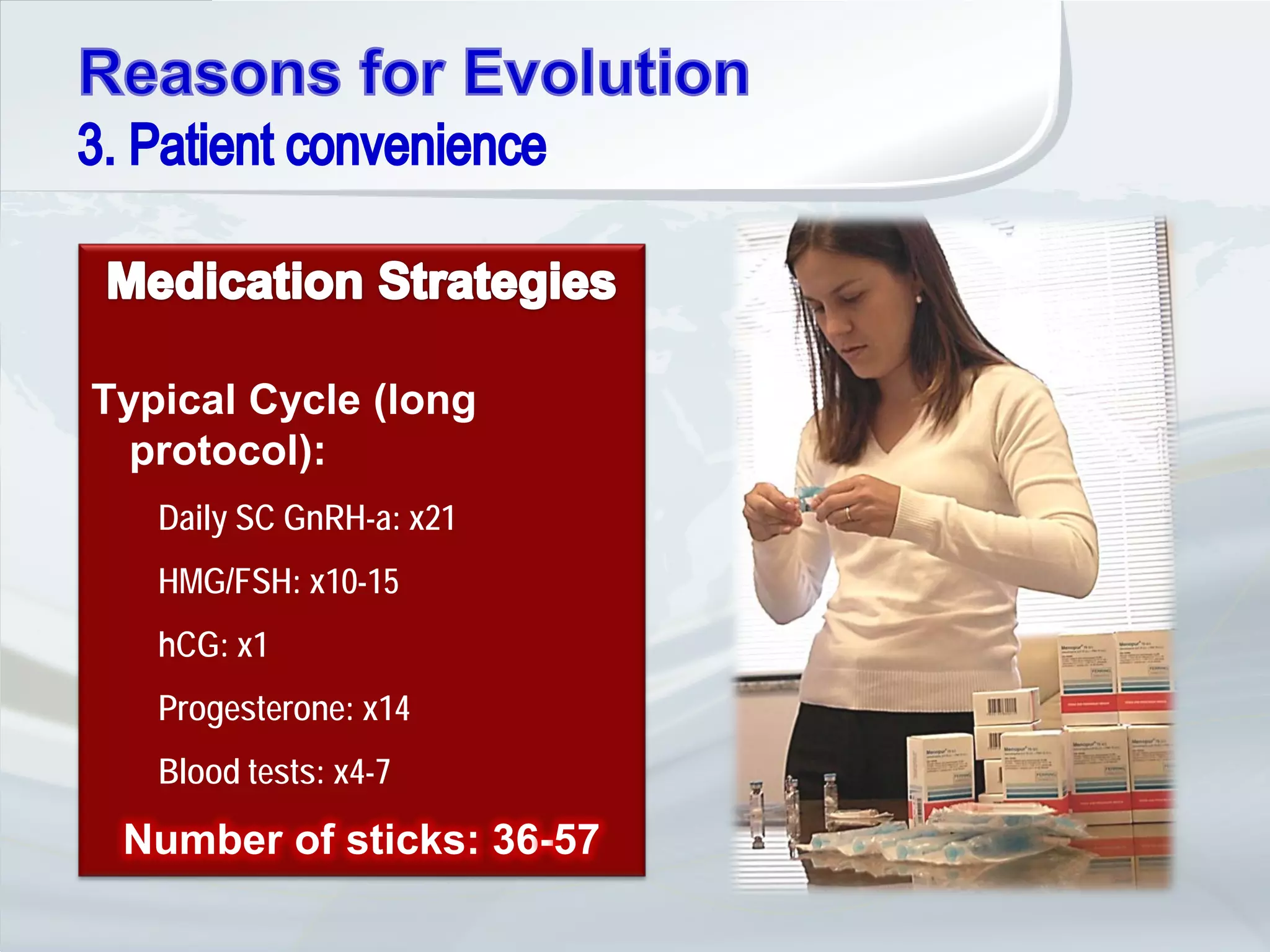 Typical Cycle (long
  protocol):
   Daily SC GnRH-a: x21
   HMG/FSH: x10-15
   hCG: x1
   Progesterone: x14
   Blood tests: x4-7
 Number of sticks: 36-57
 