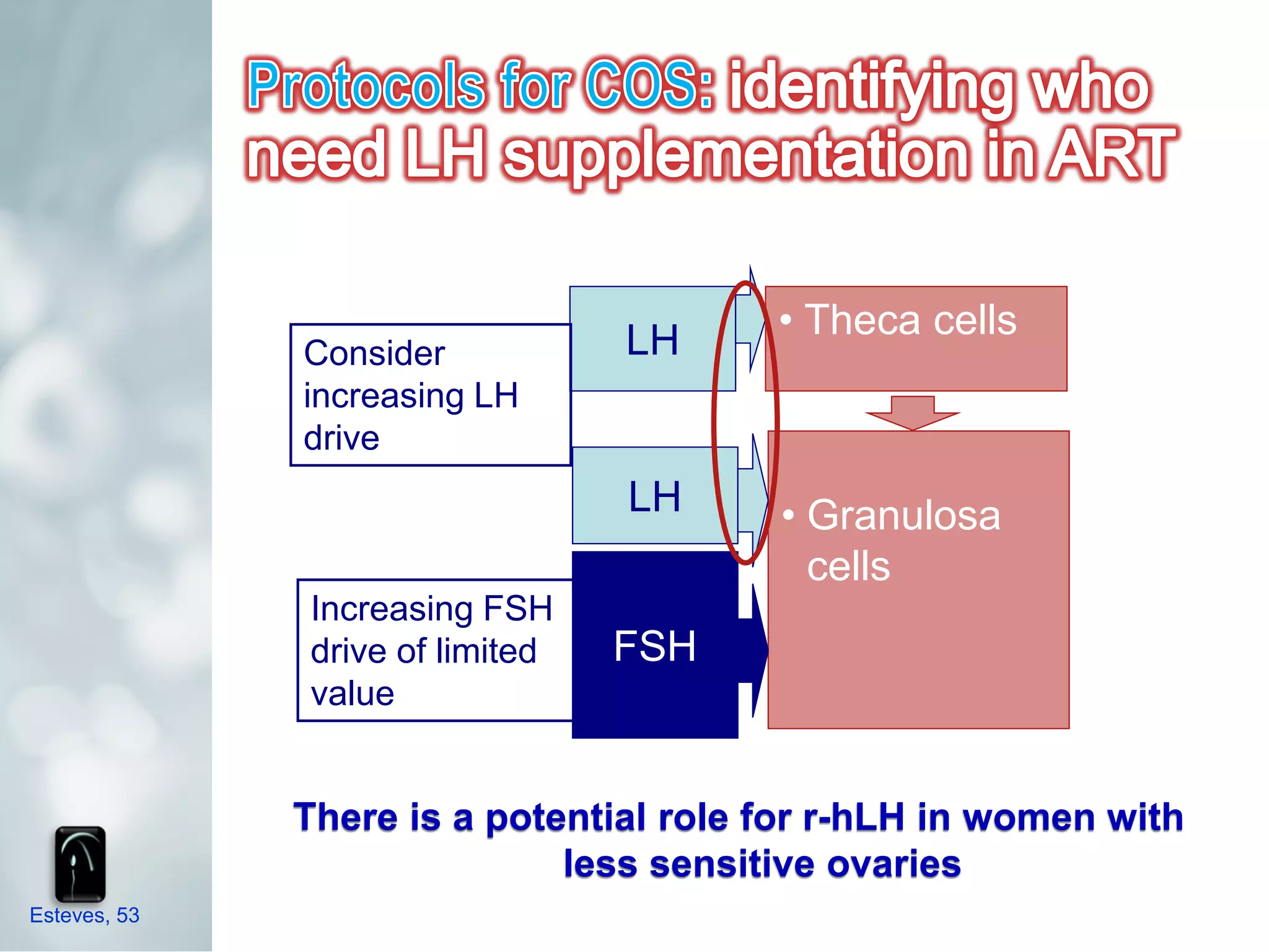 LH     • Theca cells
              Consider
              increasing LH
              drive
                                 LH     • Granulosa
                                          cells
              Increasing FSH
              drive of limited   FSH
              value


              There is a potential role for r-hLH in women with
                             less sensitive ovaries
Esteves, 53
 