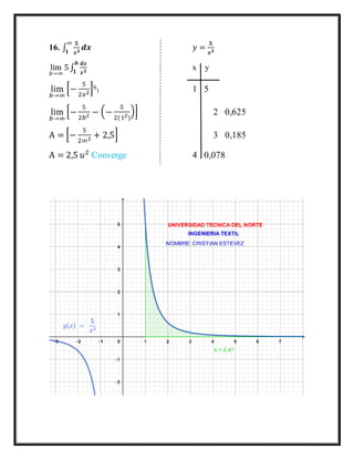 16. ∫
𝟓
𝒙 𝟑
∞
𝟏
𝒅𝒙 𝑦 =
𝟓
𝒙 𝟑
lim
𝑏→∞
5∫
𝒅𝒙
𝒙 𝟑
𝒃
𝟏
x y
lim
𝑏→∞
[−
5
2𝑥2
]b
1 1 5
lim
𝑏→∞
[−
5
2𝑏2 − (−
5
2(12)
)] 2 0,625
A = [−
5
2∞2 + 2,5] 3 0,185
A = 2,5 𝑢2
Converge 4 0,078
 