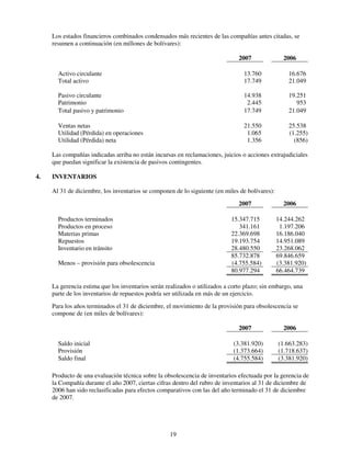 Los estados financieros combinados condensados más recientes de las compañías antes citadas, se
     resumen a continuación (en millones de bolívares):

                                                                               2007               2006

       Activo circulante                                                         13.760             16.676
       Total activo                                                              17.749             21.049

       Pasivo circulante                                                         14.938             19.251
       Patrimonio                                                                 2.445                953
       Total pasivo y patrimonio                                                 17.749             21.049

       Ventas netas                                                              21.550             25.538
       Utilidad (Pérdida) en operaciones                                          1.065             (1.255)
       Utilidad (Pérdida) neta                                                    1.356               (856)

     Las compañías indicadas arriba no están incursas en reclamaciones, juicios o acciones extrajudiciales
     que puedan significar la existencia de pasivos contingentes.

4.   INVENTARIOS

     Al 31 de diciembre, los inventarios se componen de lo siguiente (en miles de bolívares):
                                                                               2007               2006

       Productos terminados                                                 15.347.715          14.244.262
       Productos en proceso                                                    341.161           1.197.206
       Materias primas                                                      22.369.698          16.186.040
       Repuestos                                                            19.193.754          14.951.089
       Inventario en tránsito                                               28.480.550          23.268.062
                                                                            85.732.878          69.846.659
       Menos – provisión para obsolescencia                                 (4.755.584)         (3.381.920)
                                                                            80.977.294          66.464.739

     La gerencia estima que los inventarios serán realizados o utilizados a corto plazo; sin embargo, una
     parte de los inventarios de repuestos podría ser utilizada en más de un ejercicio.
     Para los años terminados el 31 de diciembre, el movimiento de la provisión para obsolescencia se
     compone de (en miles de bolívares):

                                                                               2007               2006

       Saldo inicial                                                         (3.381.920)        (1.663.283)
       Provisión                                                             (1.373.664)        (1.718.637)
       Saldo final                                                           (4.755.584)        (3.381.920)

     Producto de una evaluación técnica sobre la obsolescencia de inventarios efectuada por la gerencia de
     la Compañía durante el año 2007, ciertas cifras dentro del rubro de inventarios al 31 de diciembre de
     2006 han sido reclasificadas para efectos comparativos con las del año terminado el 31 de diciembre
     de 2007.




                                                    19
 