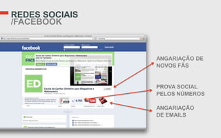 REDES SOCIAIS
/FACEBOOK



                ANGARIAÇÃO DE
                NOVOS FÃS


                PROVA SOCIAL
                PELOS NÚMEROS

                ANGARIAÇÃO
                DE EMAILS
 