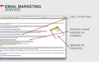 EMAIL MARKETING
/ENVIOS
                  CALL TO ACTION




                  PONTOS CHAVE
                  RAZÕES DA
                  COMPRA


                  IMAGEM DO
                  PRODUTO
 