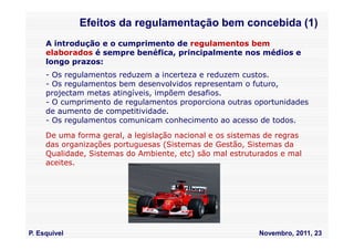 Efeitos da regulamentação bem concebida (1)
     A introdução e o cumprimento de regulamentos bem
     elaborados é sempre benéfica, principalmente nos médios e
     longo prazos:
     - Os regulamentos reduzem a incerteza e reduzem custos.
     - Os regulamentos bem desenvolvidos representam o futuro,
     projectam metas atingíveis, impõem desafios.
     - O cumprimento de regulamentos proporciona outras oportunidades
     de aumento de competitividade.
     - Os regulamentos comunicam conhecimento ao acesso de todos.

     De uma forma geral, a legislação nacional e os sistemas de regras
     das organizações portuguesas (Sistemas de Gestão, Sistemas da
     Qualidade, Sistemas do Ambiente, etc) são mal estruturados e mal
     aceites.




P. Esquivel                                                Novembro, 2011, 23
 