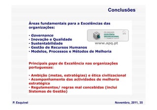 Conclusões

              Áreas fundamentais para a Excelências das
              organizações:

              •   Governance
              •   Inovação e Qualidade
              •   Sustentabilidade                www.apq.pt
              •   Gestão de Recursos Humanos
              •   Modelos, Processos e Métodos de Melhoria


              Principais gaps de Excelência nas organizações
              portuguesas:

              • Ambição (metas, estratégias) e ética civilizacional
              • Acompanhamento das actividades de melhoria
              estratégica
              • Regulamentos/ regras mal concebidas (inclui
              Sistemas de Gestão)


P. Esquivel                                                 Novembro, 2011, 35
 