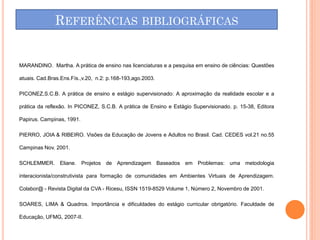 REFERÊNCIAS BIBLIOGRÁFICAS


MARANDINO. Martha. A prática de ensino nas licenciaturas e a pesquisa em ensino de ciências: Questões

atuais. Cad.Bras.Ens.Fís.,v.20, n.2: p.168-193,ago.2003.

PICONEZ,S.C.B. A prática de ensino e estágio supervisionado: A aproximação da realidade escolar e a

prática da reflexão. In PICONEZ, S.C.B. A prática de Ensino e Estágio Supervisionado. p. 15-38, Editora

Papirus. Campinas, 1991.

PIERRO, JOIA & RIBEIRO. Visões da Educação de Jovens e Adultos no Brasil. Cad. CEDES vol.21 no.55

Campinas Nov. 2001.

SCHLEMMER. Eliane. Projetos de Aprendizagem Baseados em Problemas: uma metodologia

interacionista/construtivista para formação de comunidades em Ambientes Virtuais de Aprendizagem.

Colabor@ - Revista Digital da CVA - Ricesu, ISSN 1519-8529 Volume 1, Número 2, Novembro de 2001.

SOARES, LIMA & Quadros. Importância e dificuldades do estágio curricular obrigatório. Faculdade de

Educação, UFMG, 2007-II.
 
