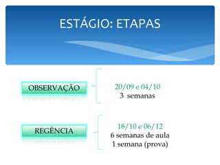 ESTÁGIO: ETAPAS 20/09 e 04/10 3  semanas 18/10 e 06/12 6 semanas de aula 1 semana (prova) 