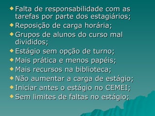 Falta de responsabilidade com as tarefas por parte dos estagiários; Reposição de carga horária; Grupos de alunos do curso mal divididos; Estágio sem opção de turno; Mais prática e menos papéis; Mais recursos na biblioteca; Não aumentar a carga de estágio; Iniciar antes o estágio no CEMEI; Sem limites de faltas no estágio; 