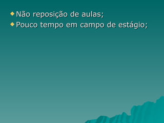 Não reposição de aulas; Pouco tempo em campo de estágio; 