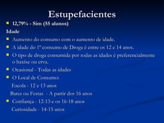 Estupefacientes
  12,79% - Sim (55 alunos)
Idade
 Aumento do consumo com o aumento de idade.

 A idade do 1ª consumo de Droga é entre os 12 e 14 anos.

 O tipo de droga consumida por todas as idades é preferencialmente
   o haxixe ou erva.
 Ocasional - Todas as idades

 O Local de Consumo:

  Escola - 12 e 13 anos
  Bares ou Festas - A partir dos 16 anos
 Confiança - 12-13 e os 16-18 anos

  Curiosidade - 14-15 anos
 
