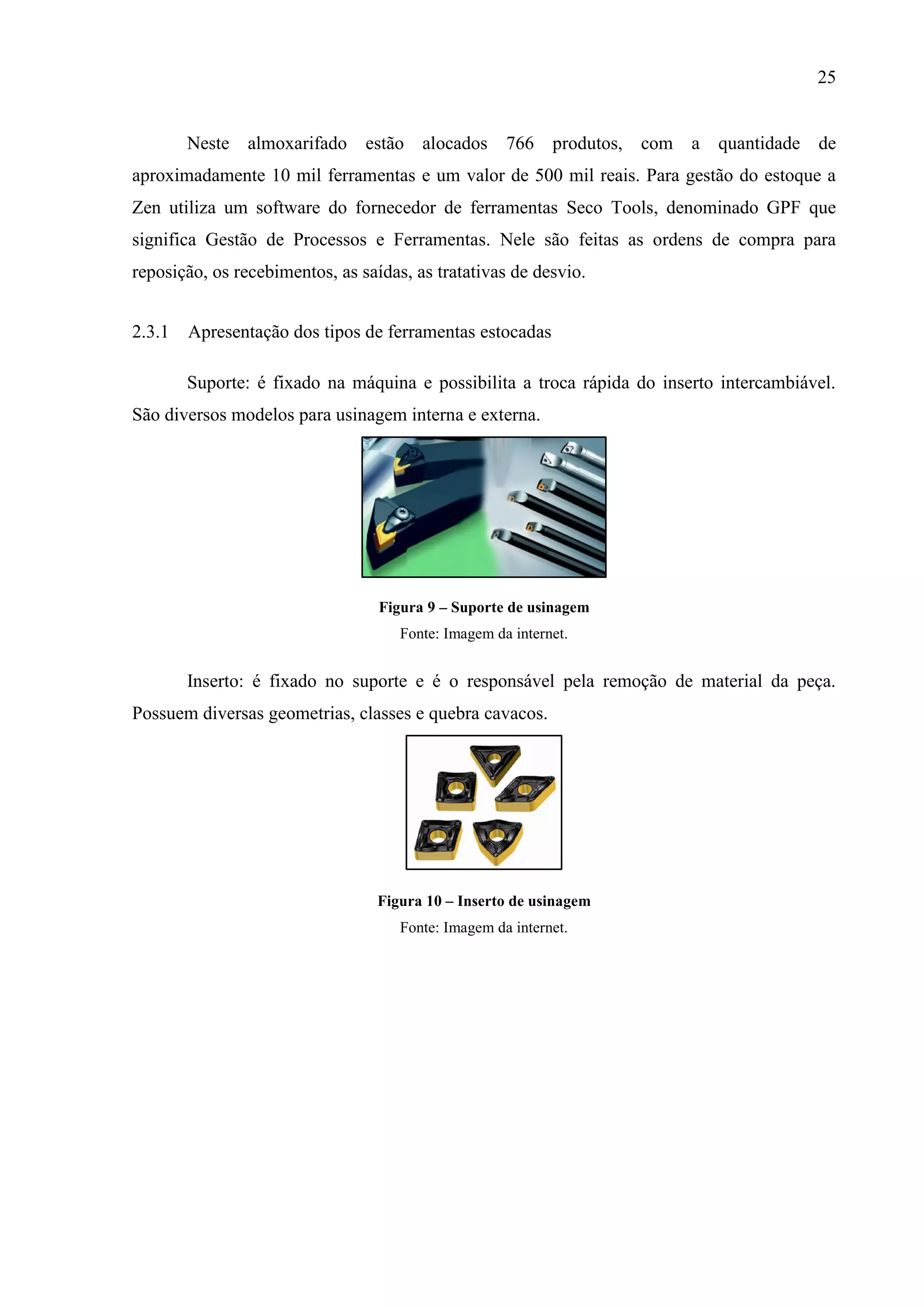 25

Neste almoxarifado estão alocados 766 produtos, com a quantidade de
aproximadamente 10 mil ferramentas e um valor de 500 mil reais. Para gestão do estoque a
Zen utiliza um software do fornecedor de ferramentas Seco Tools, denominado GPF que
significa Gestão de Processos e Ferramentas. Nele são feitas as ordens de compra para
reposição, os recebimentos, as saídas, as tratativas de desvio.
2.3.1 Apresentação dos tipos de ferramentas estocadas
Suporte: é fixado na máquina e possibilita a troca rápida do inserto intercambiável.
São diversos modelos para usinagem interna e externa.

Figura 9 – Suporte de usinagem
Fonte: Imagem da internet.

Inserto: é fixado no suporte e é o responsável pela remoção de material da peça.
Possuem diversas geometrias, classes e quebra cavacos.

Figura 10 – Inserto de usinagem
Fonte: Imagem da internet.

 