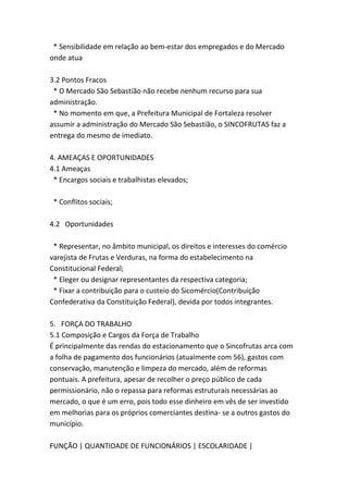 * Sensibilidade em relação ao bem-estar dos empregados e do Mercado
onde atua
3.2 Pontos Fracos
* O Mercado São Sebastião não recebe nenhum recurso para sua
administração.
* No momento em que, a Prefeitura Municipal de Fortaleza resolver
assumir a administração do Mercado São Sebastião, o SINCOFRUTAS faz a
entrega do mesmo de imediato.
4. AMEAÇAS E OPORTUNIDADES
4.1 Ameaças
* Encargos sociais e trabalhistas elevados;
* Conflitos sociais;
4.2 Oportunidades
* Representar, no âmbito municipal, os direitos e interesses do comércio
varejista de Frutas e Verduras, na forma do estabelecimento na
Constitucional Federal;
* Eleger ou designar representantes da respectiva categoria;
* Fixar a contribuição para o custeio do Sicomércio(Contribuição
Confederativa da Constituição Federal), devida por todos integrantes.
5. FORÇA DO TRABALHO
5.1 Composição e Cargos da Força de Trabalho
É principalmente das rendas do estacionamento que o Sincofrutas arca com
a folha de pagamento dos funcionários (atualmente com 56), gastos com
conservação, manutenção e limpeza do mercado, além de reformas
pontuais. A prefeitura, apesar de recolher o preço público de cada
permissionário, não o repassa para reformas estruturais necessárias ao
mercado, o que é um erro, pois todo esse dinheiro em vês de ser investido
em melhorias para os próprios comerciantes destina- se a outros gastos do
município.
FUNÇÃO | QUANTIDADE DE FUNCIONÁRIOS | ESCOLARIDADE |
 