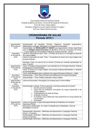 Universidade Federal de Campina Grande
Unidade Acadêmica de Letras - Centro de formação de Professores
Curso de Letras: Língua Inglesa
Disciplina: Estágio Curricular Supervisionado III L.Inglesa
Prof. Esp. Fabione Gomes da Silva
CRONOGRAMA DE AULAS
Período 2015.1
segunda-feira
06 de abril de
2015
Apresentação da disciplina: Ementa, Objetivos, Conteúdo programático,
Metodologia, avaliação, bibliografia e cronograma de atividades.
Apresentação da RESOLUÇÃO N° 04/2013 que regulamenta normas específicas
para os Estágios Supervisionados I, II, III, IV do Curso de Licenciatura em Letras
– Língua Inglesa da Universidade Federal de Campina Grande – UFCG.
Terça-feira
07 de abril de
2015
Leitura e discussão em sala: Texto - A Prática de Ensino e a Formação do Docente
de Língua Inglesa.
Leitura e Discussão em sala: Texto – Os desafios do ensino de Língua Inglesa nas
Escolas Públicas.
Atividade: Fazer um resumo de no mínimo 10 linhas do conteúdo apresentado na
aula. (1 ponto)
segunda-feira
13 de abril de
2015
Texto: O Estágio Supervisionado e sua Importância na Formação Docente; Práticas
Pedagógicas e Ensino/Estágio.
Texto: O Ensino de Língua Inglesa nas Escolas Públicas-Dificuldades e materiais
de aprendizagem.
Texto: Perfil desejado para o professor de Língua Estrangeira Moderna – Inglês
terça-feira
14 de abril de
2015
Apresentação – Tema: Boas Práticas dos Professores de Língua Estrangeira
Apresentação – Tema: Didática aplicada à língua inglesa
segunda-feira
20 de abril de
2015
Leitura de discussão: Orientações Curriculares para o Ensino Médio.
terça-feira
21 de abril de
2015
Apresentação e debate: Pode-se aprender uma língua adicional na escola?
 Do discurso para a prática
 Quais são os conteúdos curriculares de Língua Espanhola e de
Língua Inglesa?
 O planejamento de aulas de língua
 Avaliação formativa
 O professor como interlocutor mais experiente em novas práticas de
uso da língua
 Conclusão
segunda-feira
27 de abril de
2015
Leitura e discussão: Língua Estrangeira Moderna Parâmetros Curriculares
Nacionais (PCNs)
Dicas para a Elaboração de Aulas; Competências e Habilidades; Tipos de
Estratégias de Leitura.
Apresentação: Seminário – Methodos and Approaches in Language Teaching:
Grupo 1 ( 5 pontos)
Apresentação: Seminário – Methodos and Approaches in Language Teaching:
Grupo 2 (5 pontos)
Apresentação: Seminário – Methodos and Approaches in Language Teaching:
 