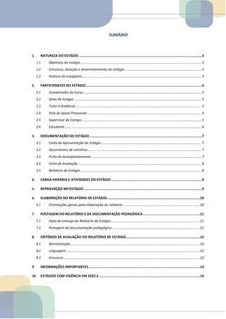 SUMÁRIO
1. NATUREZA DO ESTÁGIO ...........................................................................................................................3
1.1 Objetivos do estágio............................................................................................................................... 3
1.2 Estrutura, duração e desenvolvimento do estágio ................................................................................ 3
1.3 Postura do estagiário............................................................................................................................. 3
2. PARTICIPANTES DO ESTÁGIO....................................................................................................................5
2.1 Coordenador do Curso ........................................................................................................................... 5
2.2 Setor de Estágio ..................................................................................................................................... 5
2.3 Tutor a Distância.................................................................................................................................... 5
2.4 Polo de Apoio Presencial........................................................................................................................ 5
2.5 Supervisor de Campo.............................................................................................................................. 5
2.6 Estudante............................................................................................................................................... 6
3. DOCUMENTAÇÃO DO ESTÁGIO ................................................................................................................7
3.1 Carta de Apresentação de Estágio......................................................................................................... 7
3.2 Documentos de convênio....................................................................................................................... 7
3.3 Ficha de Acompanhamento ................................................................................................................... 7
3.4 Ficha de Avaliação ................................................................................................................................. 8
3.5 Relatório do Estágio............................................................................................................................... 8
4. CARGA HORÁRIA E ATIVIDADES DO ESTÁGIO...........................................................................................9
5. REPROVAÇÃO NO ESTÁGIO ......................................................................................................................9
6. ELABORAÇÃO DO RELATÓRIO DE ESTÁGIO.............................................................................................10
6.1 Orientações gerais para elaboração do relatório ................................................................................ 10
7. POSTAGEM DO RELATÓRIO E DA DOCUMENTAÇÃO PEDAGÓGICA.........................................................11
7.1 Data de entrega do Relatório de Estágio............................................................................................. 11
7.2 Postagem da documentação pedagógica............................................................................................ 11
8. CRITÉRIOS DE AVALIAÇÃO DO RELATÓRIO DE ESTÁGIO..........................................................................12
8.1 Normalização....................................................................................................................................... 12
8.2 Linguagem ........................................................................................................................................... 12
8.3 Estrutura .............................................................................................................................................. 12
9. INFORMAÇÕES IMPORTANTES ...............................................................................................................13
10. ESTÁGIOS COM VIGÊNCIA EM 2022.2 .....................................................................................................14
TEMOS A PRONTA ENTREGA
WhatsApp: (91) 98764-0830
E-mail:direcionamentouniversitario@gmail.com
 