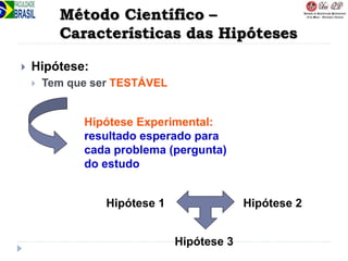 Método Científico –
Características das Hipóteses
 Hipótese:
 Tem que ser TESTÁVEL
Hipótese Experimental:
resultado esperado para
cada problema (pergunta)
do estudo
Hipótese 1 Hipótese 2
Hipótese 3
 