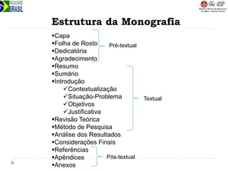 Estrutura da Monografia
Capa
Folha de Rosto
Dedicatória
Agradecimento
Resumo
Sumário
Introdução
Contextualização
Situação-Problema
Objetivos
Justificativa
Revisão Teórica
Método de Pesquisa
Análise dos Resultados
Considerações Finais
Referências
Apêndices
Anexos
Pré-textual
Pós-textual
Textual
 