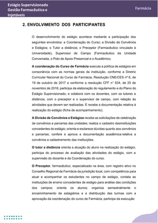 Estágio Supervisionado
Gestão Farmacêutica e
Injetáveis
Farmácia
2. ENVOLVIMENTO DOS PARTICIPANTES
O desenvolvimento do estágio acontece mediante a participação dos
seguintes envolvidos: a Coordenação do Curso; a Divisão de Convênios
e Estágios; o Tutor a distância; o Preceptor (Farmacêutico vinculado à
Universidade), Supervisor de Campo (Farmacêutico da Unidade
Conveniada, o Polo de Apoio Presencial e o Acadêmico.
A coordenação do Curso de Farmácia executa a política de estágios em
consonância com as normas gerais da instituição, conforme a Diretriz
Curricular Nacional do Curso de Farmácia, Resolução CNE/CES nº 6, de
19 de outubro de 2017 e conforme a resolução CFF n° 634, de 25 de
novembro de 2016; participa da elaboração do regulamento e do Plano do
Estágio Supervisionado; e colabora com os docentes, com os tutores a
distância, com o preceptor e o supervisor de campo, com relação às
atividades que devem ser realizadas. E recebe a documentação relativa à
realização do estágio (ficha de acompanhamento).
A Divisão de Convênios e Estágios recebe as solicitações de celebração
de convênios e parcerias das unidades; realiza o cadastro dasinstituições
concedentes do estágio; orienta e esclarece dúvidas quanto aos convênios
e parcerias; confere e aprova a documentação acadêmica relativa a
convênios e cadastramento das instituições.
O tutor a distância orienta a atuação do aluno na realização do estágio;
participa do processo de avaliação das atividades do estágio, com a
supervisão do docente e da Coordenação do curso.
O Preceptor, farmacêutico, especializado na área, com registro ativo no
Conselho Regional de Farmácia da jurisdição local, com competência para
atuar e acompanhar os estudantes no campo de estágio, contata as
instituições de ensino concedentes de estágio para análise das condições
dos campos; orienta os alunos; organiza semestralmente o
encaminhamento de estagiários e a distribuição das turmas com a
aprovação da coordenação do curso de Farmácia; participa da execução
 