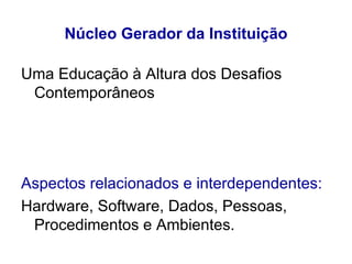 Núcleo Gerador da Instituição Uma Educação à Altura dos Desafios Contemporâneos  Aspectos relacionados e interdependentes: Hardware, Software, Dados, Pessoas, Procedimentos e Ambientes. 