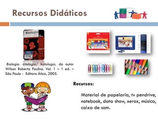 Recursos Didáticos




 Biologia: citologia/ histologia, do autor
Wilson Roberto Paulino. Vol. 1 – 1 ed. –
São Paulo - Editora Ática, 2005.

                                         Recursos:

                                             Material de papelaria, tv pendrive,
                                             notebook, data show, xerox, música,
                                             caixa de som.
 