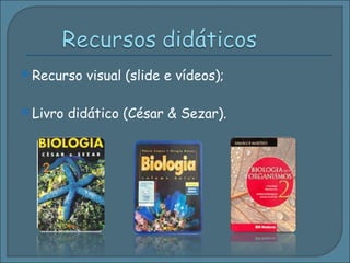Recurso visual (slide e vídeos); Livro didático (César & Sezar). 
