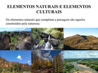 ELEMENTOS NATURAIS E ELEMENTOS
CULTURAIS
Os elementos naturais que compõem a paisagem são aqueles
construídos pela natureza:
 