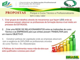 PROPOSTAS Porque o Curso Técnico e Profissionalizante
tem o seu valor
1. Criar grupos de trabalhos através de mecanismos que façam LEIS onde as
empresas possam absorver os profissionais de formação técnica nível médio em
processo de ESTÁGIOS;
2. Criar uma REDE DE RELACIONAMENTOS entre as Instituições de curso
Técnico e as EMPRESAS para que ambas possam TRABALHAR para
um mesmo OBJETIVO!
3. Construir políticas de Legislação onde as empresas absorvam
com a exigência do DIPLOMA os profissionais oriundos
do curso Técnico – Ex. Massoterapia
4.Politicas de investimentos nessa mão-de-obra que
está qualificada e ansiosa para atuar!
 