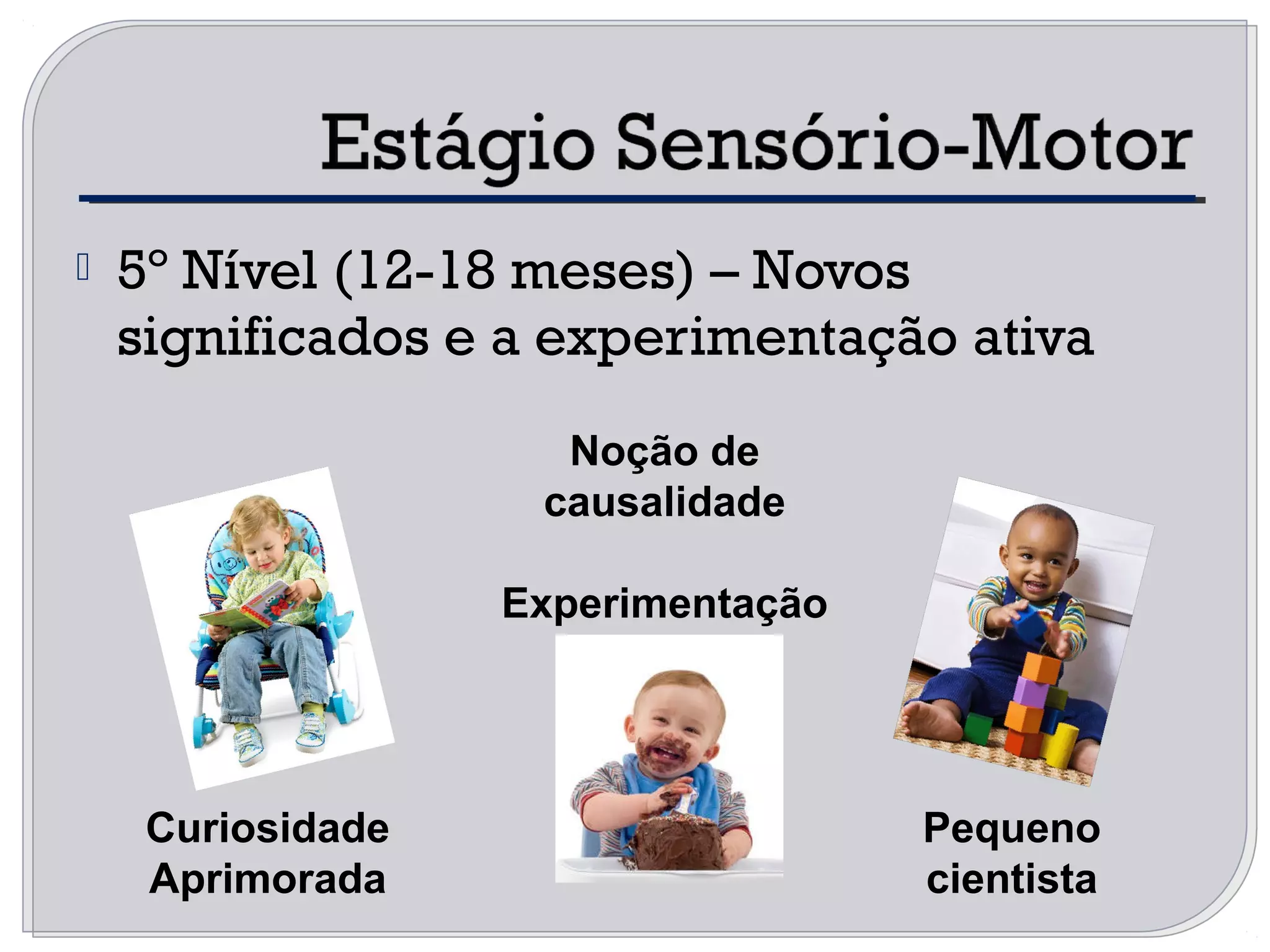  5º Nível (12-18 meses) – Novos
significados e a experimentação ativa
Pequeno
cientista
Noção de
causalidade
Experimentação
Curiosidade
Aprimorada
 