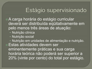 Estágio supervisionado A carga horária do estágio curricular deverá ser distribuída eqüitativamente em pelo menos três áreas de atuação: Nutrição clínicaNutrição socialNutrição em unidades de alimentação e nutrição. Estas atividades devem ser eminentemente práticas e sua carga horária teórica não poderá ser superior a 20% (vinte por cento) do total por estágio.