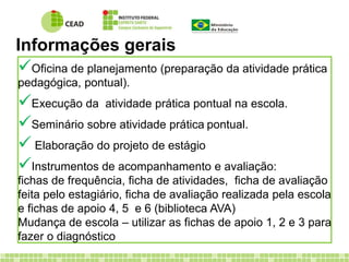 Informações gerais 
 
Oficina de planejamento (preparação da atividade prática 
pedagógica, pontual). 
 
Execução da atividade prática pontual na escola. 
 
Seminário sobre atividade prática pontual. 
 
Elaboração do projeto de estágio 
 
Instrumentos de acompanhamento e avaliação: 
fichas de frequência, ficha de atividades, ficha de avaliação 
feita pelo estagiário, ficha de avaliação realizada pela escola 
e fichas de apoio 4, 5 e 6 (biblioteca AVA) 
Mudança de escola – utilizar as fichas de apoio 1, 2 e 3 para 
fazer o diagnóstico 
 
