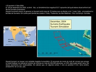 • El tsunami d’ Àsia 2004
El 26 de desembre de 2004, va tenir lloc un terratrèmol de magnitud 9.0 l’ epicentre del qual estava situat enfront de l’
illa de Sumatra (Indonèsia).
Aquest moviment sísmic va generar un tsunami amb ones de 10 metres que va afectar a tot l’ oceà Índic , principalment a
les illes de Sumatra i Sri Lanka però també les costes d’ Índia, Thailandia, les illes Maldives i fins i tot Kenya i Somàlia.

Aquest tsunami va causar una veritable tragèdia humanitària. El recompte de morts és molt alt; encara que encara
no està finalitzat, es calcula el nombre de víctimes en més de 300.000 persones, un 30% dels quals serien nens. Els
danys econòmics són incalculables. Es calcula que, en algunes zones, l’ ona va penetrar 5 km. terra endins,
arrasant-ho tot al seu pas.

 