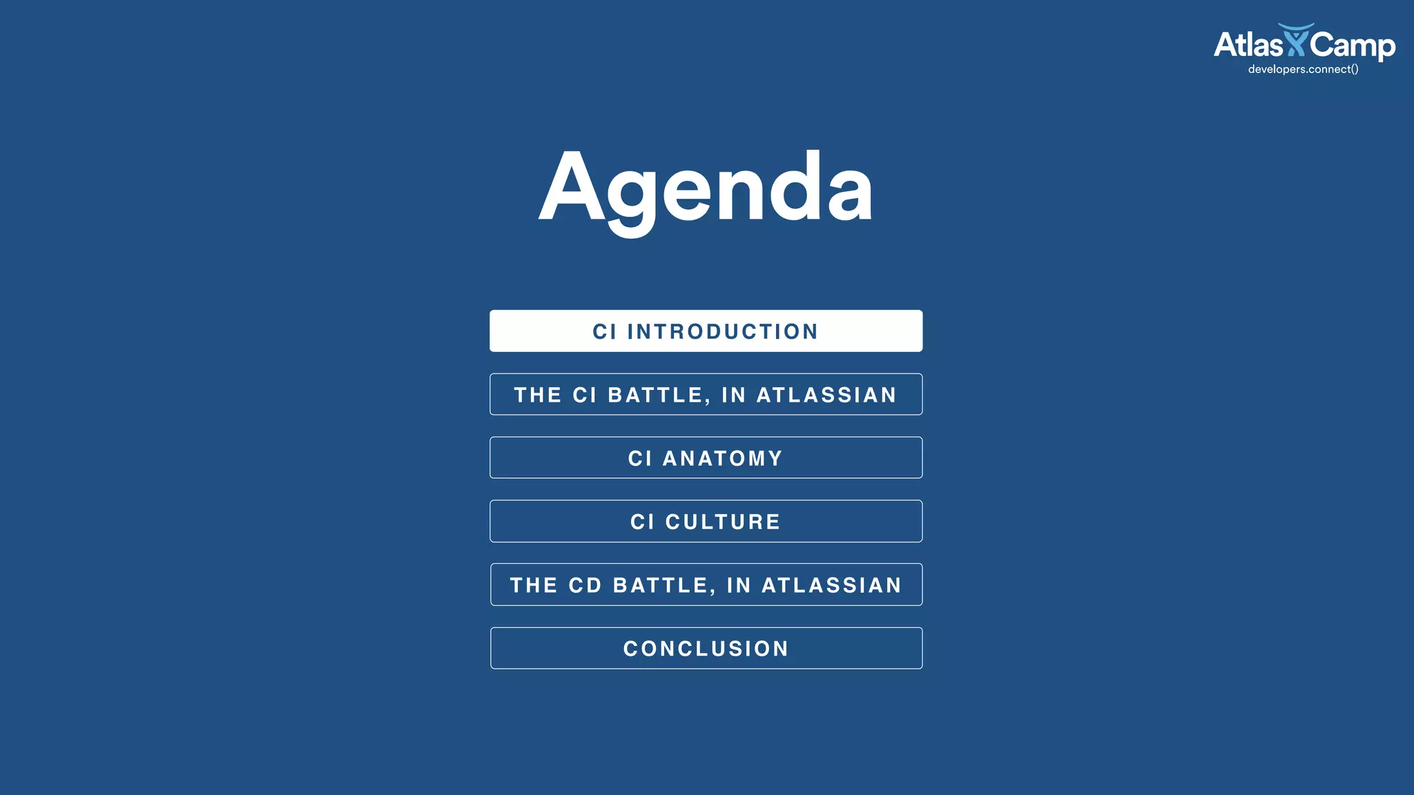 Agenda
CI ANATOMY
THE CI BATTLE, IN ATLASSIAN
CI CULTURE
CI INTRODUCTION
THE CD BATTLE, IN ATLASSIAN
CONCLUSION
 