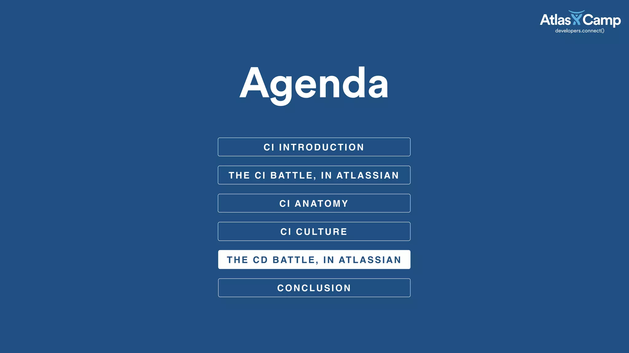 Agenda
CI ANATOMY
THE CI BATTLE, IN ATLASSIAN
CI CULTURE
CI INTRODUCTION
THE CD BATTLE, IN ATLASSIAN
CONCLUSION
 