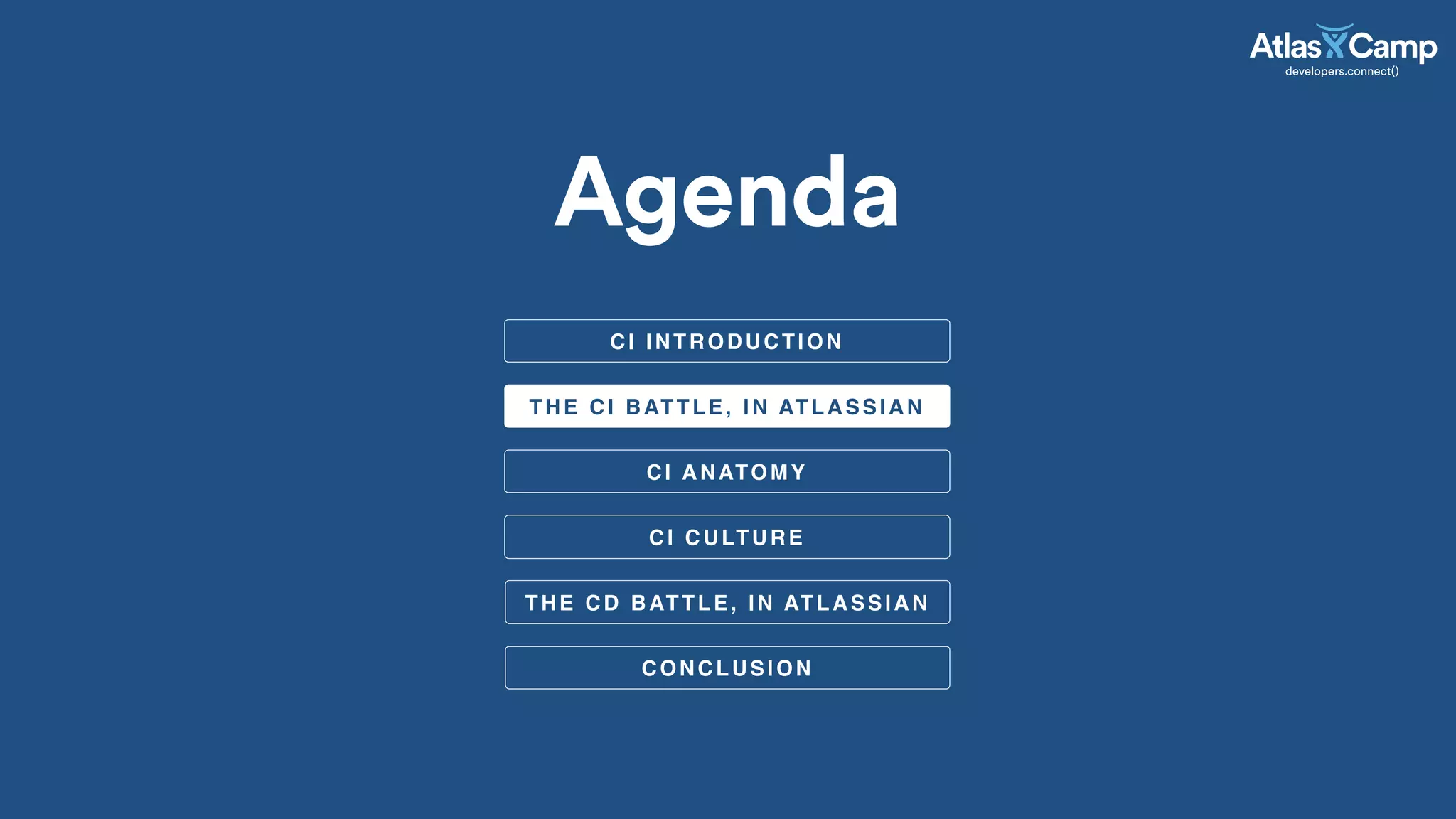 Agenda
CI ANATOMY
THE CI BATTLE, IN ATLASSIAN
CI CULTURE
CI INTRODUCTION
THE CD BATTLE, IN ATLASSIAN
CONCLUSION
 