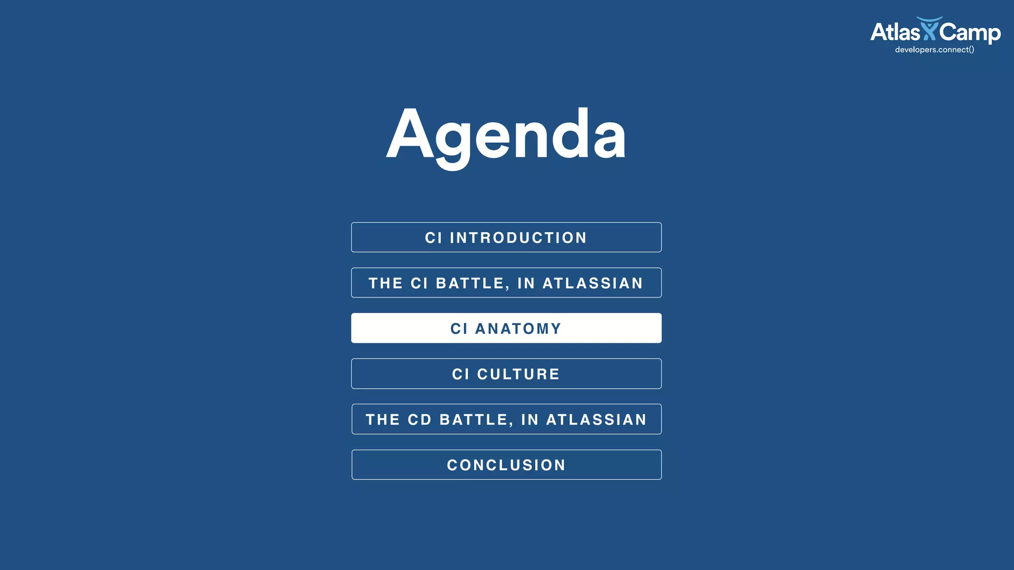 Agenda
CI ANATOMY
THE CI BATTLE, IN ATLASSIAN
CI CULTURE
CI INTRODUCTION
THE CD BATTLE, IN ATLASSIAN
CONCLUSION
 