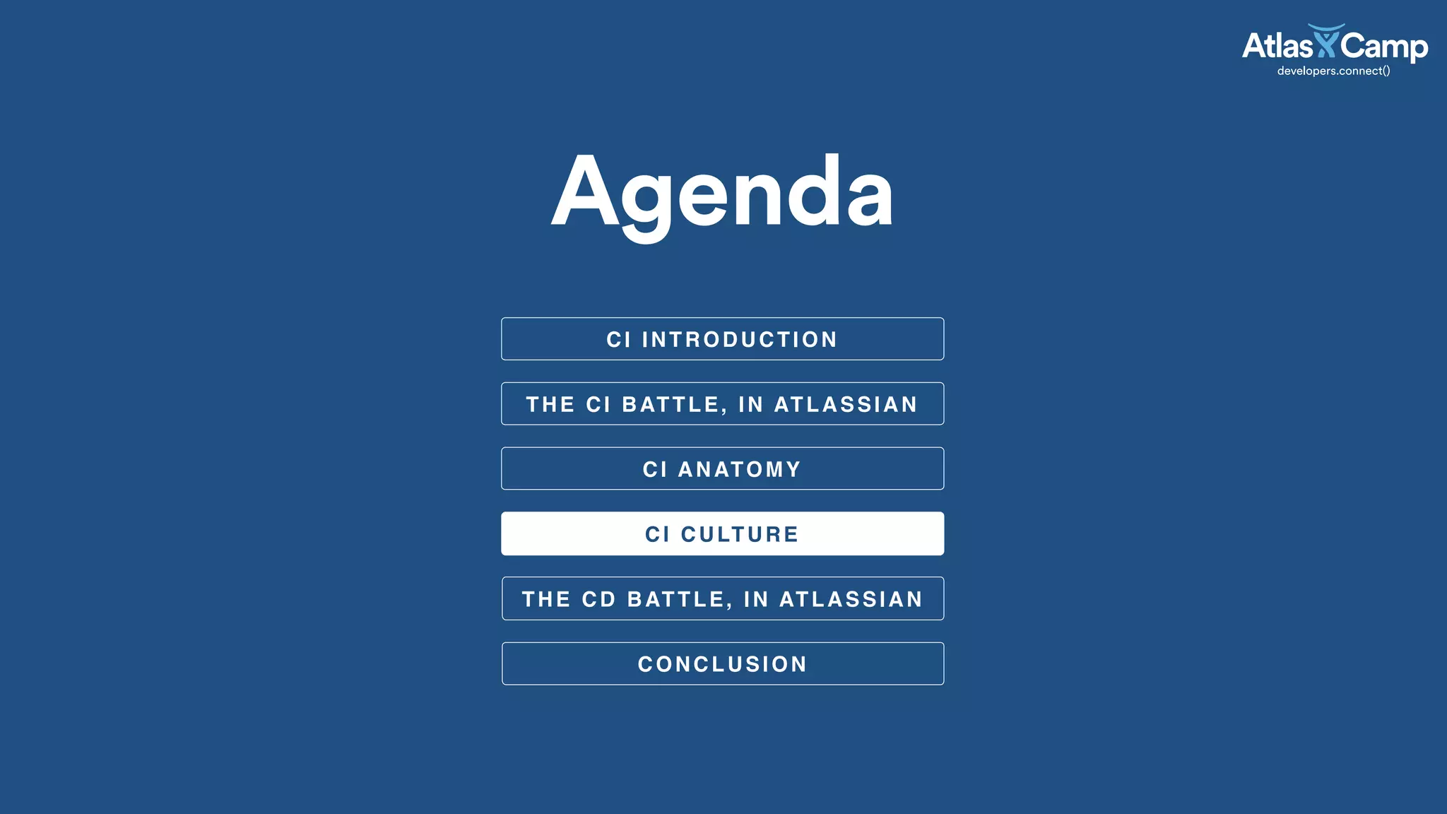 Agenda
CI ANATOMY
THE CI BATTLE, IN ATLASSIAN
CI CULTURE
CI INTRODUCTION
THE CD BATTLE, IN ATLASSIAN
CONCLUSION
 