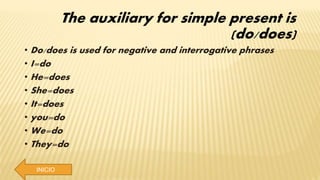 INICIO
The auxiliary for simple present is
(do/does)
• Do/does is used for negative and interrogative phrases
• I=do
• He=does
• She=does
• It=does
• you=do
• We=do
• They=do
 