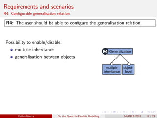 Requirements and scenarios
R4: Conﬁgurable generalisation relation
R4: The user should be able to conﬁgure the generalisation relation.
Possibility to enable/disable:
multiple inheritance
generalisation between objects
tolerance
rigid freeconfigurable
typing #instances cardinality constraint
Generalization
multiple
inheritance
object-
level
R4
exp
config
Esther Guerra On the Quest for Flexible Modelling MoDELS 2018 8 / 23
 