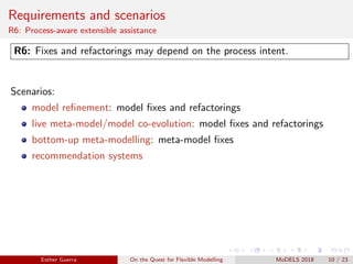 Requirements and scenarios
R6: Process-aware extensible assistance
R6: Fixes and refactorings may depend on the process intent.
Scenarios:
model reﬁnement: model ﬁxes and refactorings
live meta-model/model co-evolution: model ﬁxes and refactorings
bottom-up meta-modelling: meta-model ﬁxes
recommendation systems
Esther Guerra On the Quest for Flexible Modelling MoDELS 2018 10 / 23
 