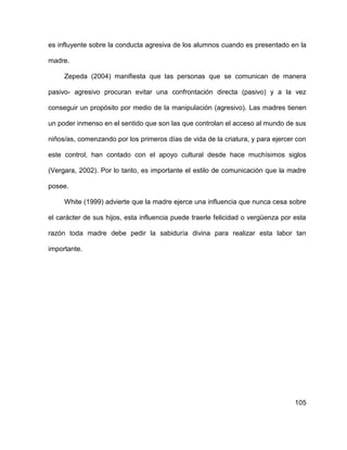 105
es influyente sobre la conducta agresiva de los alumnos cuando es presentado en la
madre.
Zepeda (2004) manifiesta que las personas que se comunican de manera
pasivo- agresivo procuran evitar una confrontación directa (pasivo) y a la vez
conseguir un propósito por medio de la manipulación (agresivo). Las madres tienen
un poder inmenso en el sentido que son las que controlan el acceso al mundo de sus
niños/as, comenzando por los primeros días de vida de la criatura, y para ejercer con
este control, han contado con el apoyo cultural desde hace muchísimos siglos
(Vergara, 2002). Por lo tanto, es importante el estilo de comunicación que la madre
posee.
White (1999) advierte que la madre ejerce una influencia que nunca cesa sobre
el carácter de sus hijos, esta influencia puede traerle felicidad o vergüenza por esta
razón toda madre debe pedir la sabiduría divina para realizar esta labor tan
importante.
 