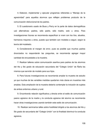 108
4. Elaborar, implementar y ejecutar programas referentes a “Manejo de la
agresividad” para aquellos alumnos que reflejen problemas producto de la
comunicación disfuncional de los padres.
5. El cuestionario usado de Buss y Perry en la parte de datos demográficos
usó alternativas: padres, sólo padre, sólo madre, solo u otros. Para
investigaciones futuras se recomienda especificar si viven con los tíos, abuelos,
hermanos mayores u otros, puesto que también son modelos a seguir, según la
teoría del modelado.
6. Considerando el margen de error, pues es posible que muchos padres
divorciados no responderán las preguntas, se recomienda agregar mayor
cantidad de encuestados a la muestra.
7. Realizar talleres sobre comunicación asertiva para padres de los alumnos
del 4to y 5to grado de educación secundaria del “Colegio Unión” de Ñaña los
mismos que servirán de modelo para sus hijos.
8. Para futuras investigaciones se recomienda ampliar la muestra de estudio
ya que muchas de las variables medidas quedarían más claras en muestras más
amplias. Esta ampliación de la muestra debería contemplar la inclusión de sujetos
de ambos entornos urbano y rural.
9. Encontrando relación significativa y directa entre el estilo de comunicación
pasivo agresivo de la madre y la conducta agresiva del alumno se recomienda
hacer otras investigaciones usando también este estilo de comunicación.
10. Realizar seminarios talles sobre hostilidad dirigido a los alumnos del 4to y
5to grado de secundaria del “Colegio Unión” con la finalidad disminuir la conducta
agresiva.
 