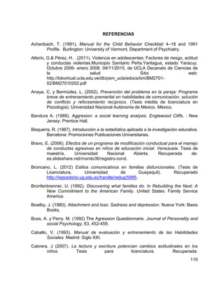 110
REFERENCIAS
Achenbach, T. (1991). Manual for the Child Behavior Checklist/ 4–18 and 1991
Profile. Burlington: University of Vermont, Department of Psychiatry.
Alterio, G.& Pérez, H. . (2011). Violencia en adolescentes: Factores de riesgo, actitud
y conductas violentas.Municipio Sanitario Peña.Yaritagua, estado Yaracuy.
Octubre 2006- enero 2008. 04/11/2015, de UCLA Decanato de Ciencias de
la salud Sitio web:
http://bibvirtual.ucla.edu.ve/db/psm_ucla/edocs/bm/BM2701-
02/BM27010202.pdf
Anaya, C. y Bermúdez, L. (2002). Prevención del problema en la pareja: Programa
breve de entrenamiento premarital en habilidades de comunicación, solución
de conflicto y reforzamiento recíproco. (Tesis inédita de licenciatura en
Psicología). Universidad Nacional Autónoma de México. México.
Bandura A. (1989). Aggresion: a social learning analysis. Englewood Cliffs. : New
Jersey: Prentice Hall.
Bisquerra, R. (1987). Introducción a la estadística aplicada a la investigación educativa.
Barcelona: Promociones Publicaciones Universitarias.
Bravo, E. (2006). Efectos de un programa de modificación conductual para el manejo
de conductas agresivas en niños de educación inicial. Venezuela. Tesis de
maestría. Universidad Nacional Abierta. Recuperada de:
es.slideshare.net/monito36/registro-cond.
Broncano, L. (2012) Estilos comunicativos en familias disfuncionales. (Tesis de
Licenciatura, Universidad de Guayaquil). Recuperado
http://repositorio.ug.edu.ec/handle/redug/5995.
Bronfenbrenner, U. (1992). Discovering what families do. In Rebuilding the Nest: A
New Commitment to the American Family. United States: Family Service
America.
Bowlby, J. (1980). Attachment and loss: Sadness and depression. Nueva York: Basis
Books.
Buss, A. y Perry. M. (1992) The Agression Questionnaire. Journal of Personality and
social Psychology, 63, 452-459.
Caballo, V. (1993). Manual de evaluación y entrenamiento de las Habilidades
Sociales. Madrid: Siglo XXI.
Cabrera, J (2007). La lectura y escritura potencian cambios actitudinales en los
niños. Tesis para licenciatura. Recuperada:
 