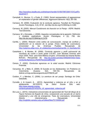 111
http://repository.lasalle.edu.co/bitstream/handle/10185/7987/26011010.pdf?s
equence=1
Campbell, A., Muncer, S. y Coyle, E. (1992): Social representation of aggressionas
an explanation of gender differences. Aggressive Behavior.18(2), 95-108.
Carrasco, M. (2006). Evaluación de la conducta agresiva. Facultad de Psicología.
Acción Psicológica, 4 (2), 67-81. doi:http://dx.doi.org/10.5944/ap.4.2.480
Carrasco, M. (2005). Manual Cuestionario de Aserción en la Pareja - ASPA. Madrid:
Tea Ediciones.
Carrasco, M. y Gonzales, J. (2006). Aspectos conceptuales de la agresión: Definición
y modelos explicativos. Acción Psicológica, 4 (2), 738. doi:
http://dx.doi.org/10.5944/ap.4.2.478
Carrillo, L. (2004). Relación entre estilos de comunicación, manejo de conflicto y
satisfacción en la relación de la pareja. (Tesis inédita de Licenciatura,
Universidad de las Américas Puebla). Recuperado de
http://catarina.udlap.mx/u_dl_a/tales/documentos/lps/carrillo_m_l/portada.htm
Castañeda L. & Montes, M. (2009). Conducta agresiva y perfil psicosocial de
escolares de cuarto a sexto grado U.E.B.E. Juan Bautista Farreras abril
mayo 2009. Tesis para título Médico cirujano. Universidad de Oriente Núcleo
Bolívar). Recuperada de: http://es.scribd.com/doc/184024073/02-Tesis-
conducta-Agresiva-y-Perfil-Psicosocial#scribd
Cerezo, F. (2002). Conductas agresivas en la edad escolar. Madrid: Ediciones
Pirámide.
Cervantes, W. y Melo, E. (2008). El Suicidio en los Adolecentes: Un Problema en
Crecimiento. Duazary. 5(2), 148-154. Recuperado de
dialnet.unirioja.es/descarga/articulo/4788230.pdf
Coddon, F. y Méndez, C. (2006). La aventura de ser pareja. Santiago de Chile:
Debolsillo.
Cornellà, J. & Llusent, A. . (2012). Agresividad y violencia en el niño y en el
adolescente. 26/10/2015, de Salud Escola Sitio web:
http://www.sepeap.org/wp-
content/uploads/2014/02/Ps_inf_agresividad_violencia.pdf
De Luca, L. (2010). Indicadores emociomales de agresividad del Test del dibujo de la
Figura Humana de Koppitz de niños, comparando una escuela de un barrio
residencial y una villa de emergencia. Tesis de Licenciatura. Universidad
Abierta interamericana. Recuperada de:
http://imgbiblio.vaneduc.edu.ar/fulltext/files/TC104094.pdf
 