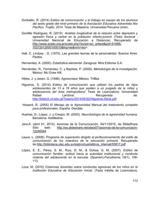 113
Gorbalán, R. (2014) Estilos de comunicación y el trabajo en equipo de los alumnos
del sexto grado del nivel primario de la Asociación Educativa Adventista Nor
Pacífico, Trujillo, 2014. Tesis de Maestría. Universidad Peruana Unión.
Gordillo Rodriguez, R. (2010) Análisis longitudinal de la relación entre depresión y
agresión física y verbal en la población infanto-juvenil. (Tesis doctoral ,
Universidad Nacional de Educación a Distancia). Recuperado de
http://www.scielo.org.ar/scielo.php?script=sci_arttext&pid=S1668-
70272012000100010&lng=es&nrm=iso>.
Hall, C. Lindzey , G. (1975). Las grandes teorías de la personalidad. Buenos Aires:
Paidós.
Hernandez, A. (2000). Estadística elemental. Zaragoza: Mira Editores S.A.
Hernández, R., Fernández, C. y Baptista, P. (2000). Metodología de la investigación.
México: Mc Graw Hill.
Hibbs, J. y Jesen, G. (1996). Agresividad. México: Trilllas
Higueros, S. (2014) Estilos de comunicación que utilizan los padres de hijos
adolescentes de 13 a 16 años que asisten a un juzgado de la niñez y
adolescencia del área metropolitana” Tesis de Licenciatura. Universidad
Rafael Landívar. Recuperada de:
http://biblio3.url.edu.gt/Tesario/2014/05/22/Higueros-Silvia.pdf
Howard, R. (2005) El Manejo de la Agresividad Manual del tratamiento completo
para profesionales. España: Desclée
Huertas, D., López, J. y Crespo, M. (2005). Neurobiología de la agresividad humana.
Barcelona: ArsMedica.
Jara.A. (abril 01, 2012). Axiomas de la Comunicación. 04/11/2015, de SlideShare
Sitio web: http://es.slideshare.net/abex07/axiomas-de-la-comunicacin-
12246544
Leyva, L. (2008). Programa de superación dirigido al perfeccionamiento del estilo de
comunicación de los maestros de la educación primaria. Recuperado
de http://biblioteca.utec.edu.sv/siab/virtual/elibros_internet/55817.pdf
López, E. E., Pérez, S. M., Ruiz, D. M., & Ochoa, G. M. (2007). Estilos de
comunicación familiar, actitud hacia la autoridad institucional y conducta
violenta del adolescente en la escuela. (Spanish).Psicothema, 19(1), 108-
113.
Loza, M. (2010) Creencias docentes sobre conductas agresivas de los niños en la
Institución Educativa de Educación Inicial. (Tesis inédita de Licenciatura,
 