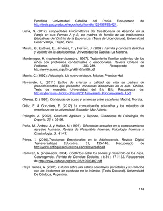114
Pontificia Universidad Católica del Perú). Recuperado de
http://tesis.pucp.edu.pe/repositorio/handle/123456789/424.
Luna, N. (2012). Propiedades Psicométricas del Cuestionario de Aserción en la
Pareja en sus Formas A y B, en madres de familia de las Instituciones
Educativas del Distrito de la Esperanza. (Tesis de Licenciatura). Universidad
Cesar Vallejo, Trujillo, Perú.
Musitu, G., Estévez, E., Jiménez, T. y Herrero, J. (2007). Familia y conducta delictiva
y violenta en la adolescencia. Universidad de Castilla- La Mancha.
Montenegro, H. (noviembre-diciembre, 1997). Tratamiento familiar sistémico de los
niños con problemas conductuales o emocionales. Revista Chilena de
Pediatría, 68(6), 283-289. Recuperado de
http://www.scielo.cl/pdf/rcp/v68n6/art06.pdf
Morris, C. (1992). Psicología: Un nuevo enfoque. México: Prentice-Hall
Navarrete, L. (2011) Estilos de crianza y calidad de vida en padres de
preadolescentes que presentan conductas disruptivas en el aula. Chillan.
Tesis de maestría. Universidad del Bío Bío. Recuperada de:
http://cybertesis.ubiobio.cl/tesis/2011/navarrete_l/doc/navarrete_l.pdf
Olweus, D. (1998). Conductas de acoso y amenaza entre escolares. Madrid: Morata.
Ortiz, E. & Gonzales, E. (2012) La comunicación educativa y los métodos de
enseñanza en la universidad. Ecuador: Mar Abierto.
Pelegrín, A. (2002). Conducta Agresiva y Deporte. Cuadernos de Psicología del
Deporte, 2(1), 39-56.
Peña, M., Andreu, J. y Muñoz, M. (1997). Diferencias sexuales en el comportamiento
agresivo humano. Revista de Psiquiatría Forense, Psicología Forense y
Criminología, 3, 41-47.
Pérez, I. (2010).Trastornos Emocionales en la Adolescencia. Revista Digital
Transversalidad Educativa, 31, 135-146. Recuperado de
http://www.enfoqueseducativos.es/transversalidad
Ramírez, A. (enero-abril, 2004). Conflictos entre los padres y desarrollo de los hijos.
Convergencia. Revista de Ciencias Sociales, 11(34), 171-182. Recuperado
de http://www.redalyc.org/pdf/105/10503407.pdf
Raya Trenas, A. (2008). Estudio sobre los estilos educativos parentales y su relación
con los trastornos de conducta en la infancia. (Tesis Doctoral). Universidad
De Córdoba, Argentina.
 